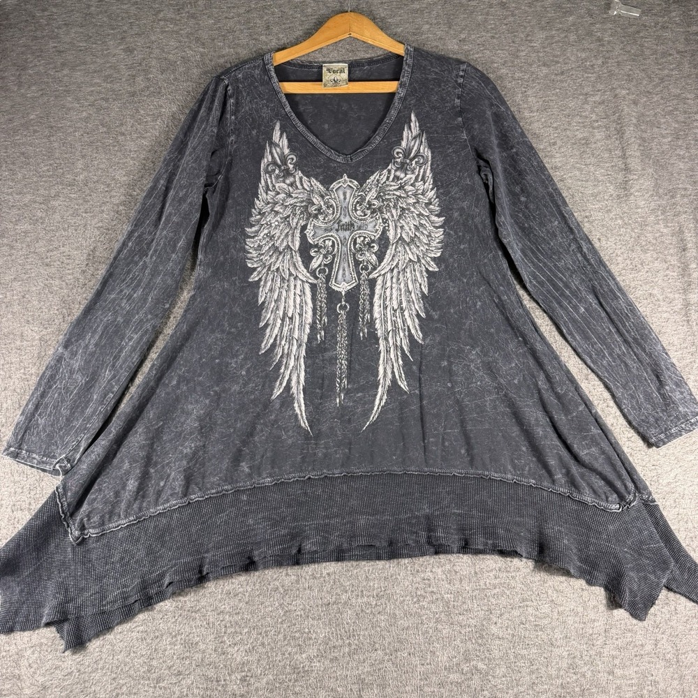 Vocal Women Angel Wings Cross Bling Shirt Top M Asymmetric Waffle Trim Mineral